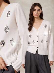 Briarwyn Áo khoác cardigan dáng rộng cổ chữ V tay dài cài khuy đơn đính sequin cho nữ, trang phục mùa thu, trang phục trở lại trường, phong cách quý tộc cổ điển dành cho phụ nữ, trang phục giáo viên dành cho nữ. toàn màu trắng, áo khoác cardigan kín đáo - trắng - Xem 7