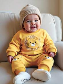 Cozy Pixies 2pcs Baby Boy Cartoon Lion Pattern Soft Knit Pullover Sweatshirt Sweatshirt With Ear Design And Elastic Waist Pants Set - Yellow - View 1