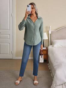 Louniche Women's Solid Color Drop Shoulder Long Sleeve Single-Breasted Casual Shirt - Mint Green - View 5