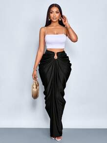 SOLERSUN 女士时尚纯色褶皱半身裙 - 黑色 - 查看 4