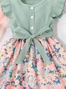 SHEIN Vintaside Kids 少女花卉印花荷葉邊連身裙配腰帶和帽子