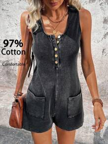 Freevana 休闲水洗面料音乐节春夏基本款连体裤，带口袋休闲连体衣，带口袋女式连体衣，女式短款连体裤，复古老钱风格女式街头服饰，秋季服装，返校季卡哇伊街头服饰，女式复古服装，垃圾摇滚基本款科技风服装，基本款运动服，背心 - 灰色 - 查看 2