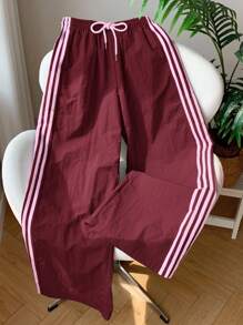 Comfortcana 女士松紧腰休闲宽松条纹运动裤 - 酒紅色 - 查看 6