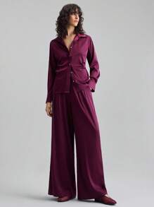 Ontre Modern Urban Style, Minimalist Comfort Design, Deep Wine Red Women's Shirt, Lapel Collar, Long Sleeve, Shell Buttons, Structured Design, Everyday Wear, Commuter Wear, Casual Wear, Business Casual Attire, 2025 New Collection, Early Autumn Modern Urban Casual Fashion Business Casual Women's Office Wear Low-Key Old Money Style Effortless Temperament High-End Urban Commuting High-Quality Airport Women's Wear High-End Material