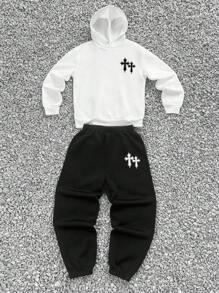 SHEIN Conjunto de 2 piezas para niño preadolescente de nueva llegada para otoño, con sudadera con capucha de manga larga y pantalones acampanados, en estilo casual minimalista, con graffiti pintado a mano, retro, letras en inglés, deportivo, ropa de calle, adecuado para otoño/invierno - Blanco y Negro - Ver 2