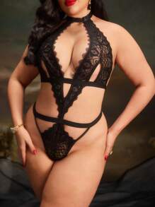 Plus Size Sexy Lingerie With Hollow Out, See-Through, Lace Design - Black - View 5