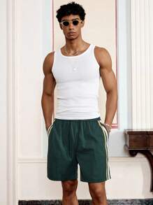 Manfinity VCAY Men's Summer Casual Colorblock Striped Athletic Shorts - Dark Green - View 6
