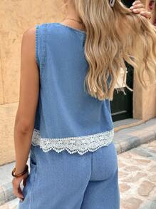 SHEIN Maternity Contrast Lace Hem Ruched Round Neck Sleeveless Denim Top, Spring/Autumn