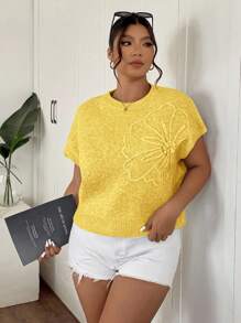 SHEIN Frenchy 大码休闲优雅3D花朵装饰圆领蝙蝠袖宽松针织毛衣 - 黃色 - 查看 3