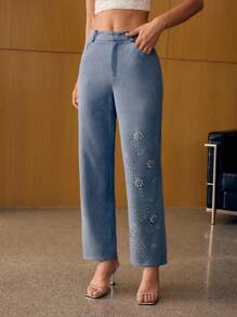 MOTF PREMIUM SUEDE SOLID RHINESTONE DETAIL WIDE LEG SUIT PANTS - Blue - View 5