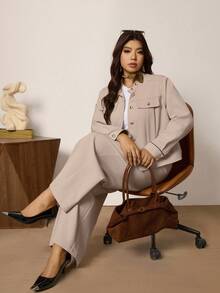 Comfylo 大码休闲通勤纯色夹克和裤子套装工作服女套装女式套装 - 彩色 - 查看 6