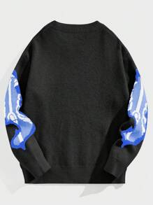 ROMWE MEN Goth Men's Crew Neck Drop Shoulder Long Sleeve Creative Skull Pattern Jacquard Casual Pullover Sweater , Fall Winter - Blue - View 2