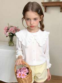 SHEIN Playful Pals 年轻女孩刺绣花卉荷叶边领长袖衬衫，优雅，春秋 - 白色 - 查看 8