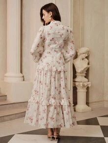 SHEIN Unity New Lightweight Luxury French Floral V-Neck Lantern Sleeve Cinched Waist Elegant Dress For Women - Multicolor - View 2