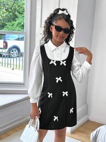 Tween Girls Elegant Urban Commute French School Girl Style Black & White Patchwork 2 In 1 Shirt Collar Puff Sleeve Long Sleeve Bow Decor Waist Cinched Dress