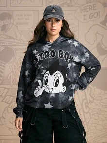 Astro Boy X SHEIN Plus Size Cartoon Figure Graphic Sweatshirt Women Graphic Sweatshirts Women Character Sweatshirts Star Print Sweatshirt Fall Women Winter Gym Tops Autumn - Dark Grey - View 4