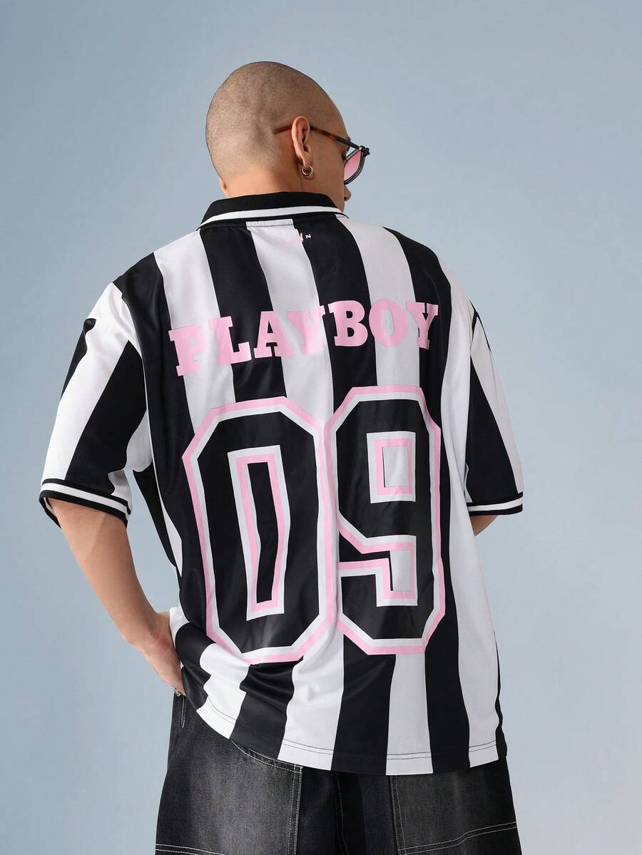 PLAYBOY X SUMWON 常规版型黑白条纹图案复古风格运动衫短袖休闲街头学院风运动 T 恤 - 黑與白 - 查看 1