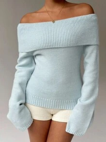 FavEase 秋冬纯色圆领露肩毛衣针织衫