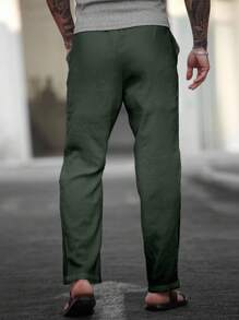 Manfinity Homme 休闲时尚百搭纯色简约抽绳男式裤子 - 軍綠色 - 查看 2