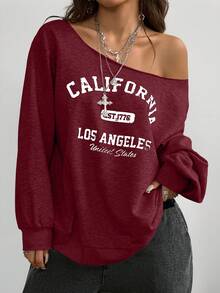 Coolane 女式秋冬休闲针织地名图案单肩运动衫 - 酒紅色 - 查看 3