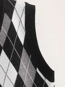 SHEIN Tween Girl Argyle Pattern Sweater Vest,In Fall/Winter - Black and White - View 3
