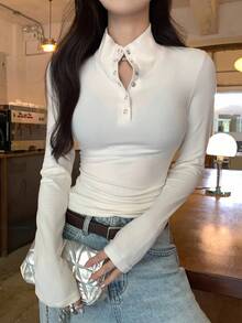 DAZY Women's Korean Style Casual Long Sleeve Basic T-Shirt, Suitable For Spring And Autumn