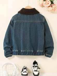 青少年女孩街头时尚弹性袖口和下摆设计舒适水洗牛仔夹克，带羊毛领，百搭全年必备单品 - 深色水洗藍 - 查看 2