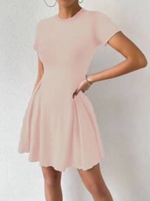SHEIN EZwear Women's Solid Color Round Neck Short Sleeve Dress - Pink - View 5