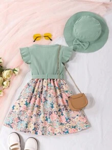 SHEIN Vintaside Kids 少女花卉印花荷葉邊連身裙配腰帶和帽子