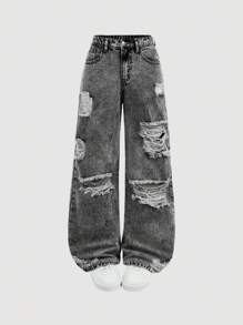 SHEIN Girlism 少女蓝色做旧宽松直筒牛仔裤 - 黑色 - 查看 1