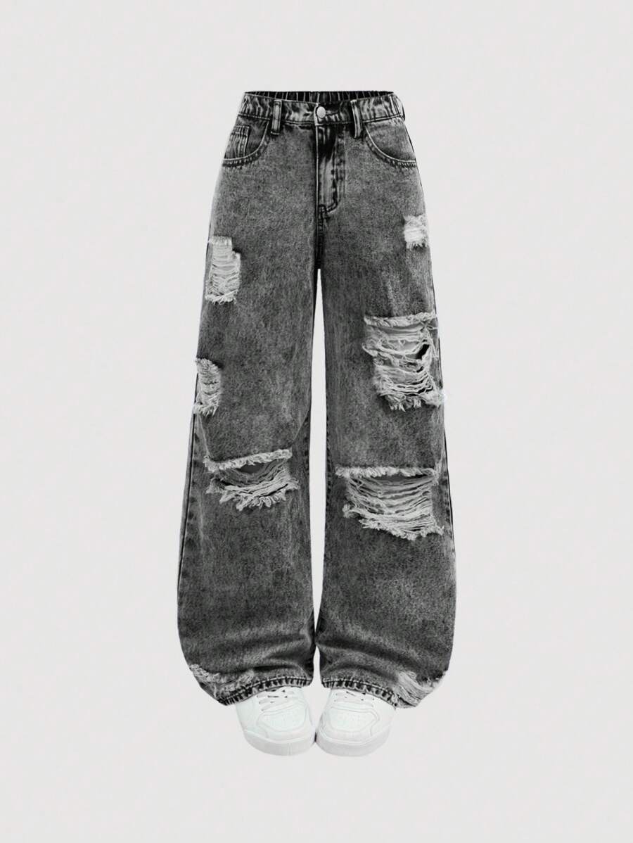 SHEIN Girlism 少女蓝色做旧宽松直筒牛仔裤 - 黑色 - 查看 1