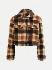 SHEIN Teen Girl Plaid Reversible Fleece Pocket Collar Short Jacket,In Fall/Winter - Brown - View 6