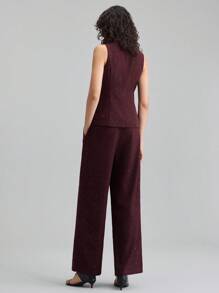 Ontre 2 件套女士西装套装，无袖背心和裤子，紫红色闪亮面料，圆领，收腰，现代都市风格，商务休闲，办公室通勤，日常穿着，秋季，2025 年新款 - 中紫紅色 - 查看 3