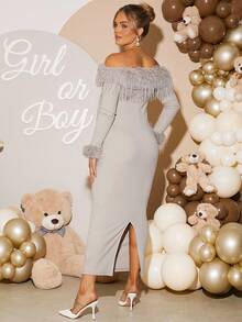 Loomaby 孕妇毛茸茸拼布露肩紧身连衣裙 - 灰色 - 查看 2