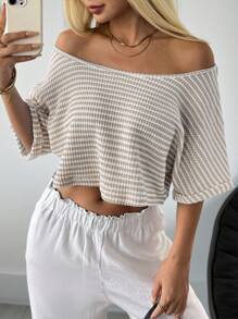 SHEIN EZwear Semi-Sheer Knitted Scoop Neck T-Shirt In Khaki With Asymmetrical Design Striped Crop Top Cropped Knit Top - Khaki - View 4