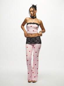 SUMWON WOMEN 粉色心形印花休闲裤高腰阔腿蕾丝边分层舒适裤喇叭裤阔腿风格节日情人节主题 - 粉色 - 查看 3