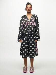 SUMWON WOMEN 波尔卡圆点印花短款连帽衫女式超大休闲运动衫冬季秋季街头时尚 - 黑色 - 查看 7