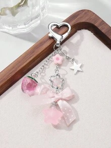 ROMWE Kawaii 1 件时尚精致百搭优质银链星形树脂花草莓圆点丝带蝴蝶结星形吊坠 DIY 钥匙扣包饰，适合女士/女孩日常佩戴，节日礼物 - 粉色 - 查看 8