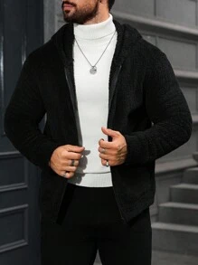 Manfinity CasualCool 男士长袖休闲纯色连帽外套，秋冬季百搭抓绒外套，黑色 - 黑色 - 查看 4