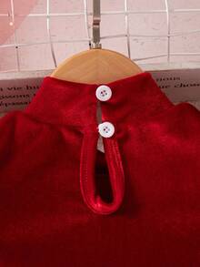 1件装少女秋冬新款高领泡泡袖串珠设计腰带蝴蝶结串珠星月网眼下摆优雅面料派对生日通勤薄纱公主裙 - 紅色 - 查看 4