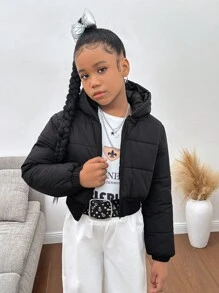 SHEIN 青少年女孩黑色短款连帽绗缝休闲街头时尚厚夹克夹棉外套，秋冬 - 黑色 - 查看 2