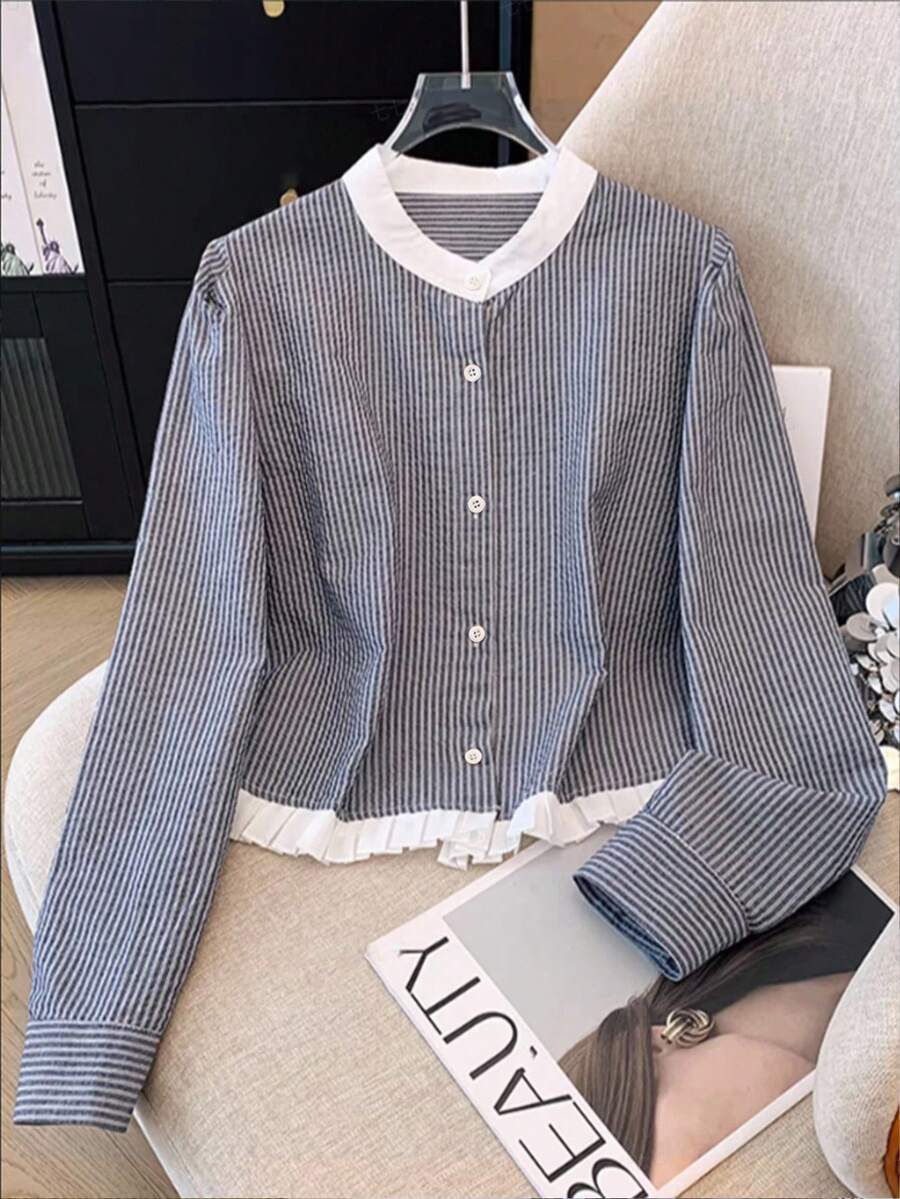 Franclia 条纹拼色休闲通勤简约风格女式上衣