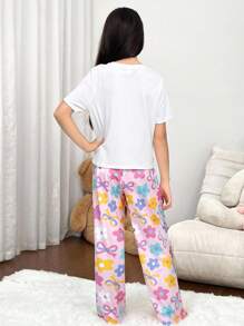 SHEIN 青少年女孩宽松休闲舒适圆领套头 T 恤和裤子家居服套装 - 粉色 - 查看 2