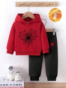 SHEIN 2 件套男婴时尚蜘蛛网印花连帽羊毛衫和蜘蛛网印花羊毛运动裤套装，适合秋冬季外出
