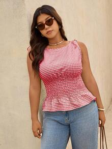 Elaquor Plus Size Women Plaid Waist Tie Ruffle Hem Tank Top - Red - View 5