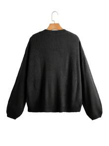 Omancia White Lantern Sleeve Button Front Ribbed Loose Knit Cardigan, Spring/Summer