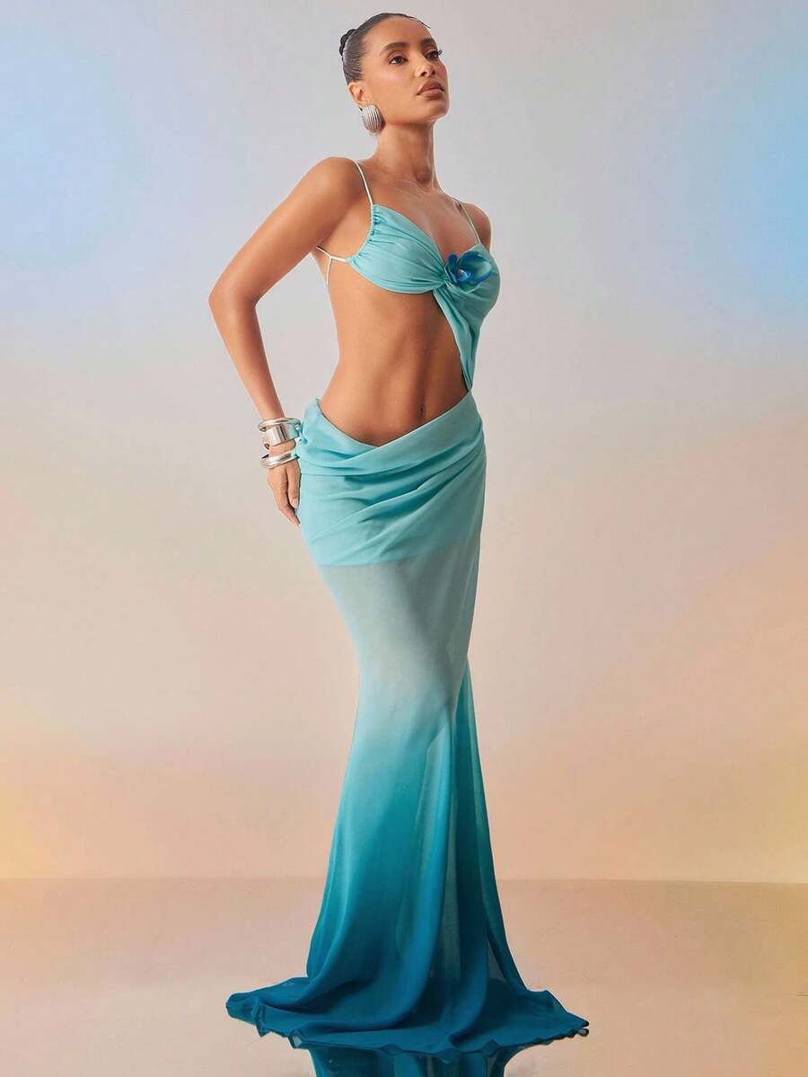 Hauture Women's Sexy Summer Aqua Blue Ombre Cut Out Maxi Dress With 3d Ombre Tropical Floral Decor