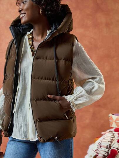 Bóhologie Woman Solid Color Woven Insulated Padded Drawstring Detailed Hoody Neck Zip Up Front Pockets Drawstring Hem Detailed Casual Winter Vest Jacket