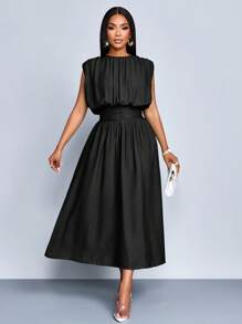 SOLERSUN Women's Spring Summer Solid Color Simple Daily Wear Ruched Sleeveless Midi Dress Elevated Elegance - Black - View 5