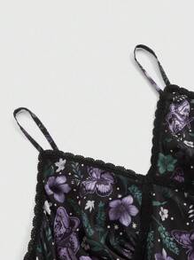 ROMWE Goth Spring/Summer Plus Size Dark Purple Moth & Floral Print Maxi Slip Dress - Purple - View 3